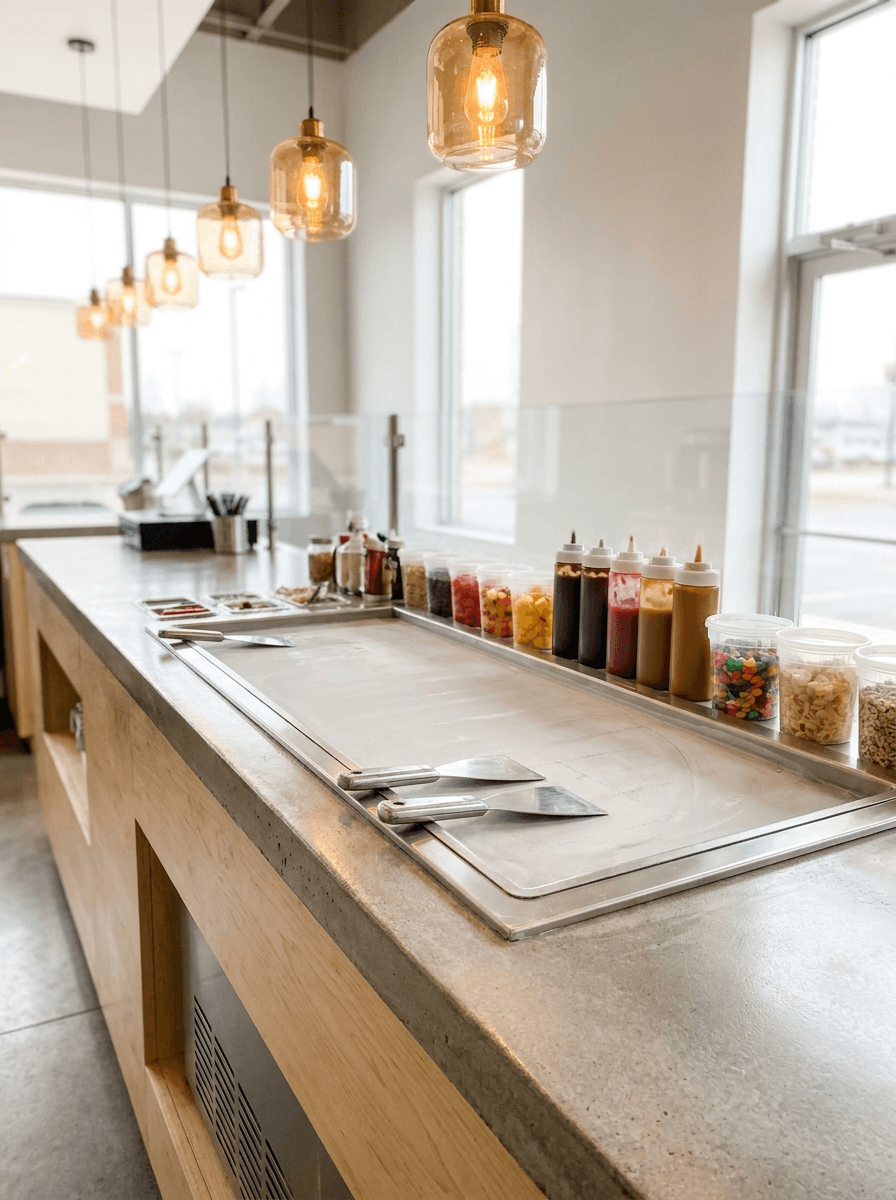 The Rolling Ice counter: a frosted steel cold plate, spatulas, sauce bottles and tubs of toppings
