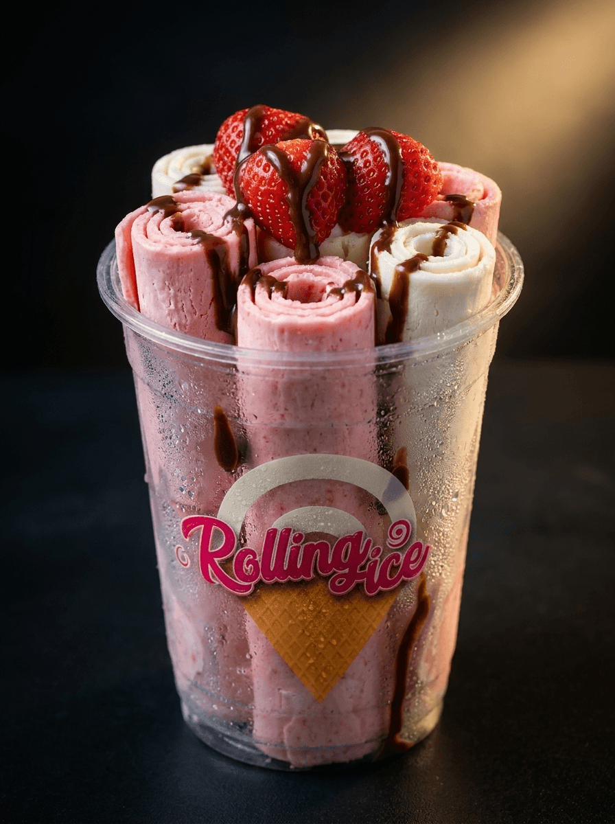 A Rolling Ice cup packed with strawberry and vanilla rolls, fresh strawberries and chocolate sauce