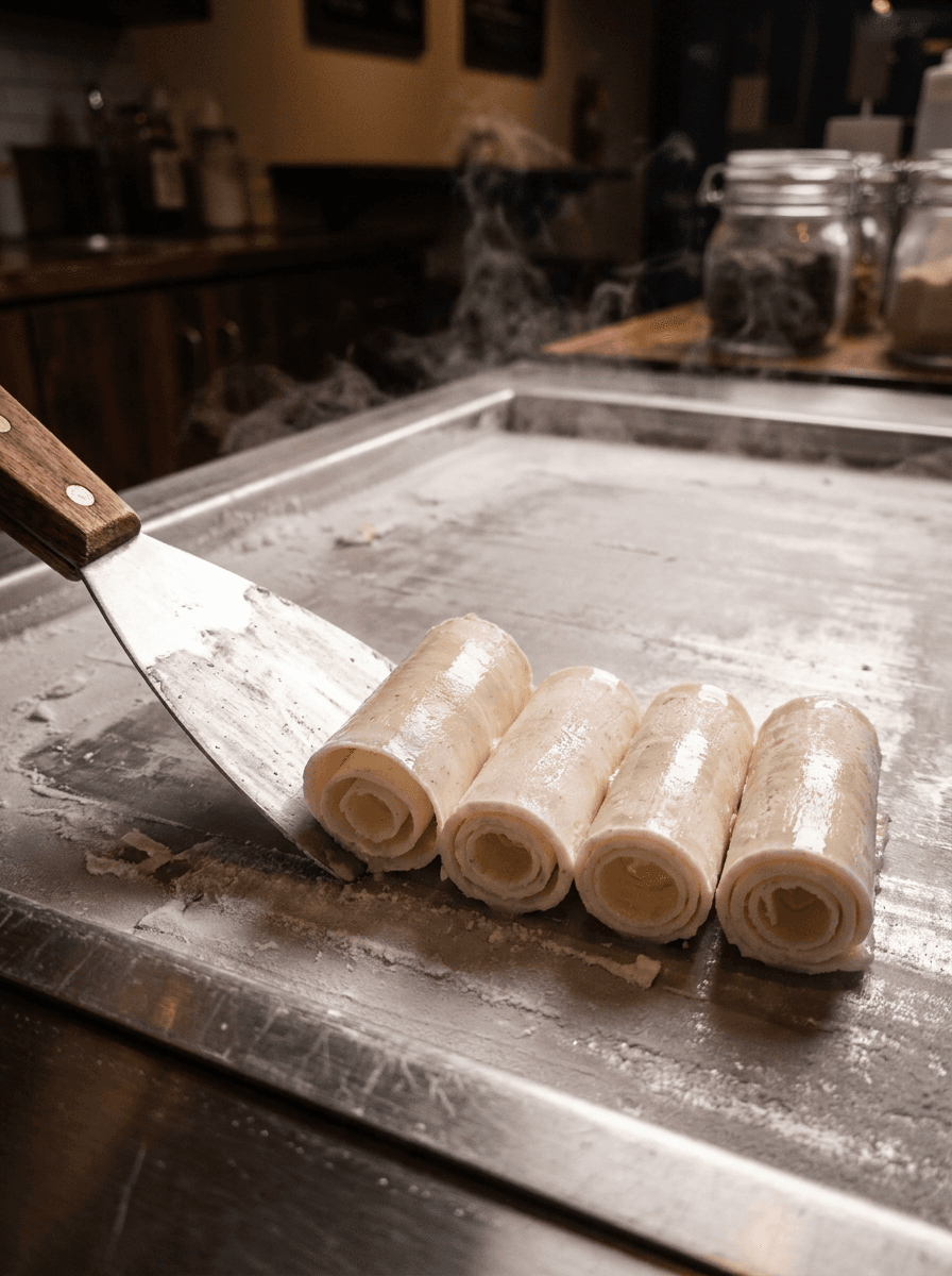 A spatula lifting a sheet of ice cream into a roll on a frosted steel cold plate, finished rolls beside it