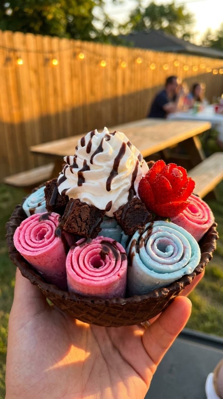 A chocolate waffle bowl of pink and blue rolled ice cream with whipped cream and a strawberry, at a backyard party