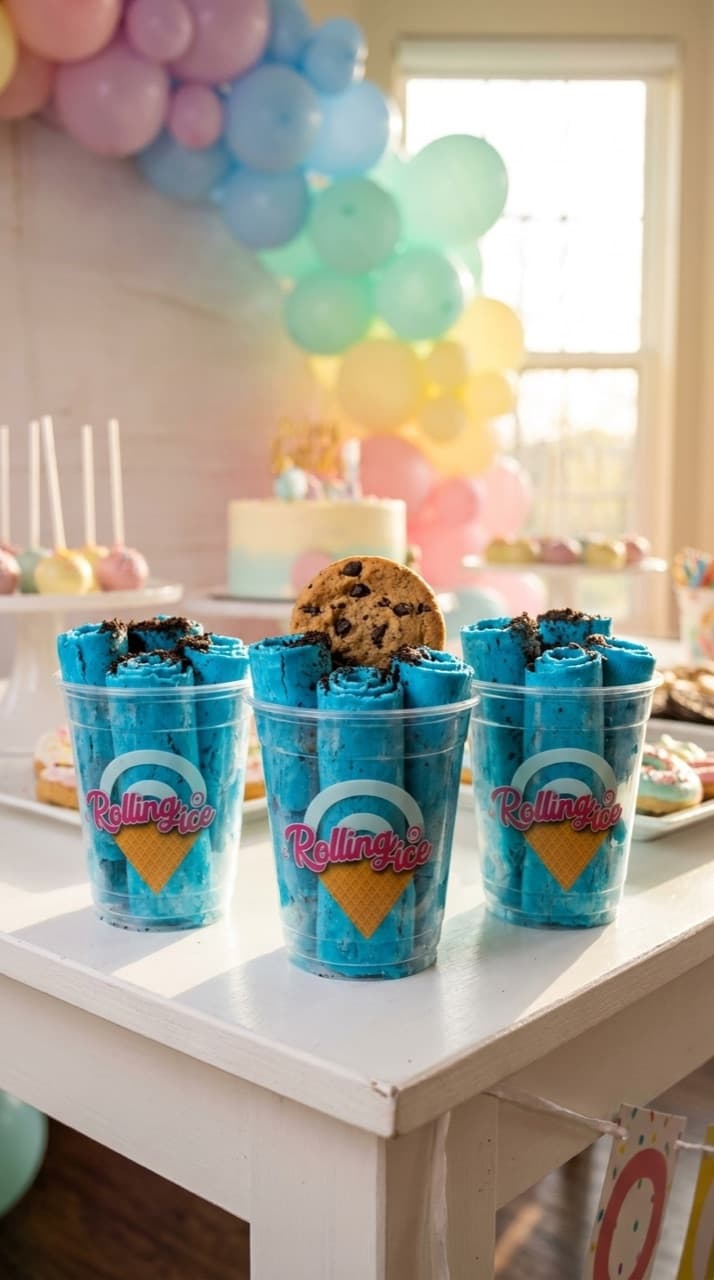 Bright blue rolled ice cream with Oreo crumb and a cookie, in branded cups on a birthday dessert table