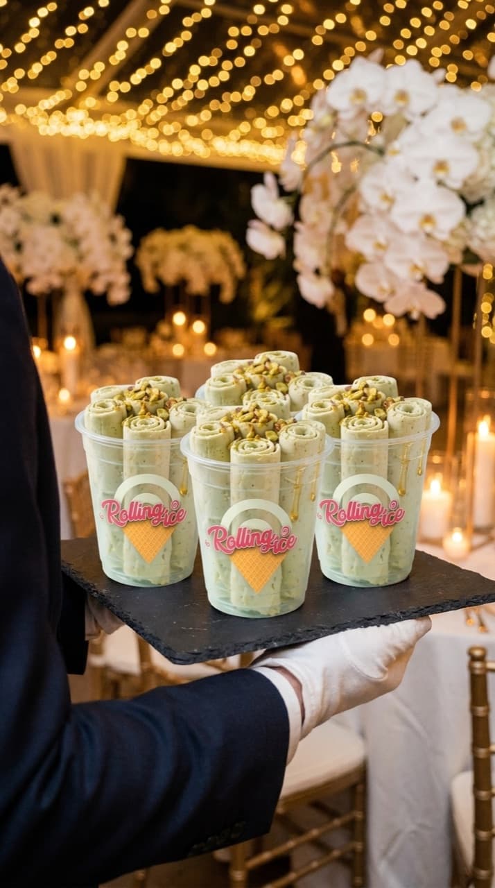 Pistachio rolled ice cream with chopped pistachios, carried on a slate tray at a wedding reception