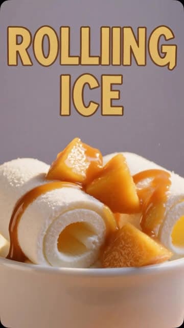 Close up of vanilla rolls topped with mango pieces and caramel sauce